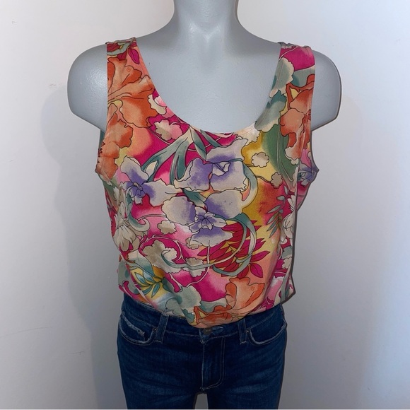 Tops - Tess vintage tank top scoop neck silk purple pink orange floral large